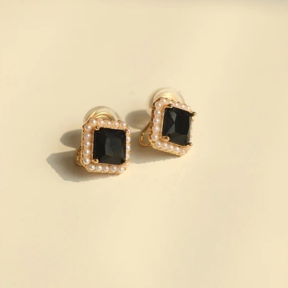 NEW Black Onyx Stud Clip On Earrings with Pearl Halo